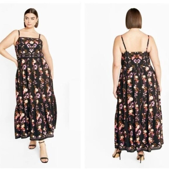 City Chic Women Plus Size 20 Molly Floral Print Maxi Dress Black Sleeveless Boho - Picture 1 of 12